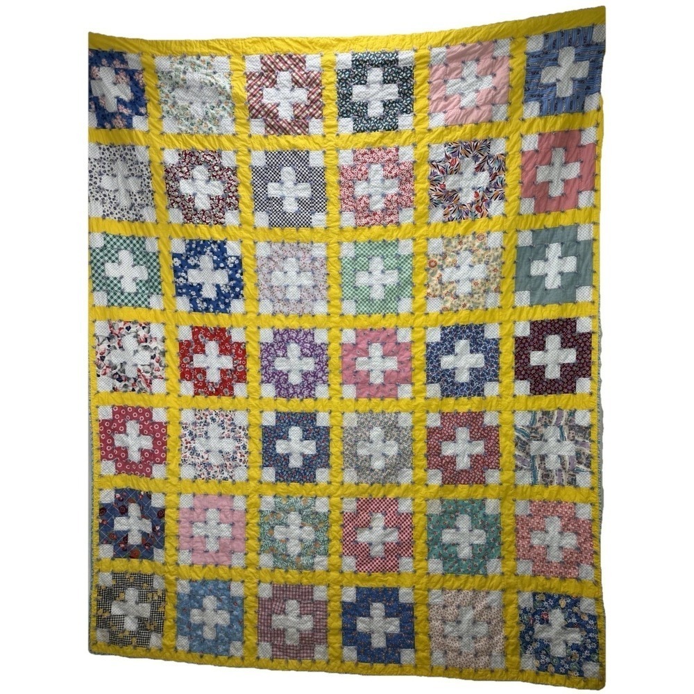 Handmade Plus Quilt Feed Sack Fabrics Hand Tied 72 x 87.5" light staining